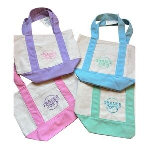 Trader Joe's Mini Pastel Canvas Tote Bags Set Of Four Pink Purple Green Blue